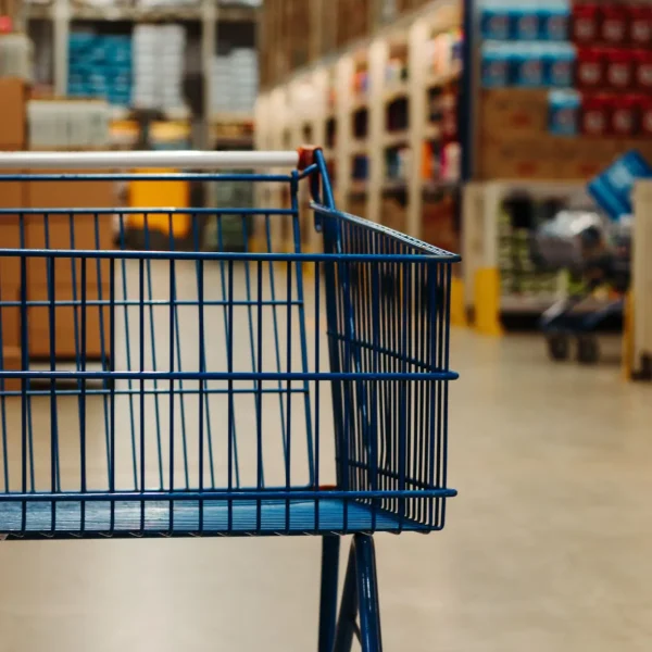 Side view of an empty shopping cart in a warehouse supermarket aisle with blurred merchandise.